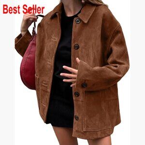 Faux Suede Leather Boyfriend Shacket Coat Long Sleeve Button Down